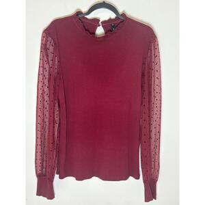 Fashion Burgandy Women's Sweater Size XL with sheer polka dot Bishop Sleeves